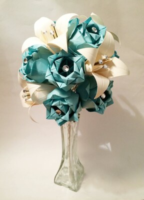 Paper Flower Roses and Lilies- Vase Included, one of a kind origami bouquet, traditional first anniversary gift, paper rose, Valentines Day - image3